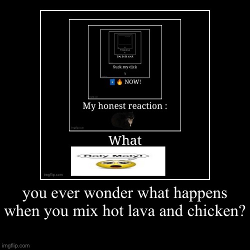 you ever wonder what happens when you mix hot lava and chicken? | | image tagged in funny,demotivationals | made w/ Imgflip demotivational maker