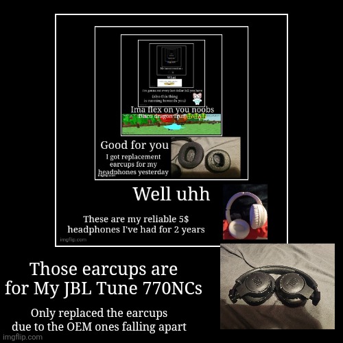 they sound good too | Those earcups are for My JBL Tune 770NCs | Only replaced the earcups due to the OEM ones falling apart | image tagged in funny,demotivationals | made w/ Imgflip demotivational maker