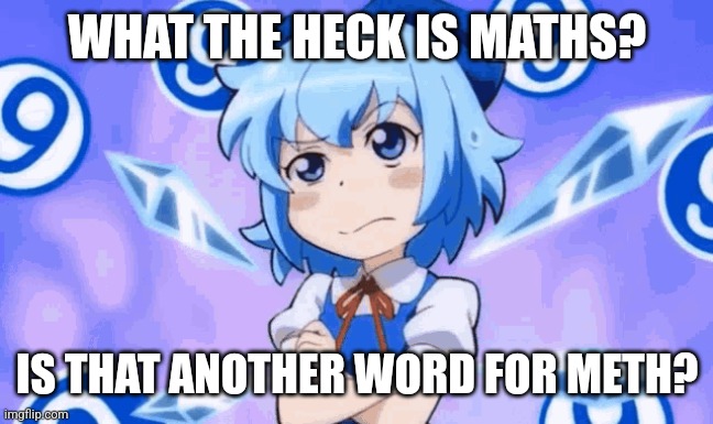 Confused Cirno | WHAT THE HECK IS MATHS? IS THAT ANOTHER WORD FOR METH? | image tagged in memes,cirno,drugs | made w/ Imgflip meme maker