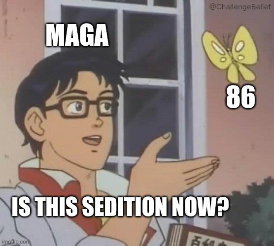 86 | @ChallengeBelief; MAGA; 86; IS THIS SEDITION NOW? | image tagged in memes,is this a pigeon | made w/ Imgflip meme maker