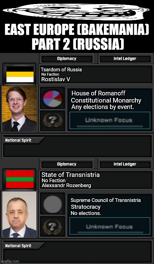 EAST EUROPE (BAKEMANIA); PART 2 (RUSSIA); Tsardom of Russia; No Faction; Rostislav V; House of Romanoff; Constitutional Monarchy; Any elections by event. State of Transnistria; No Faction; Alexsandr Rozenberg; Supreme Council of Transnistria; Stratocracy; No elections. | image tagged in memes,russia,kings | made w/ Imgflip meme maker