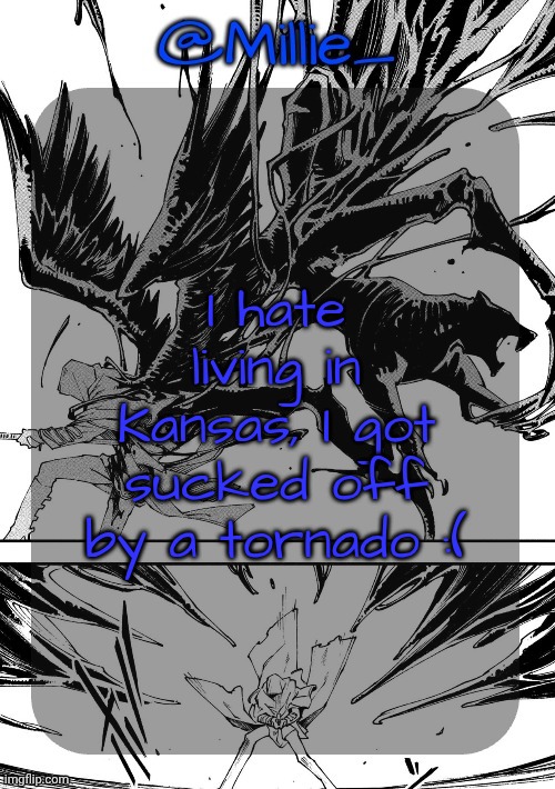 Millie's Vergil Divide's himself DMC announcement template | I hate living in Kansas, I got sucked off by a tornado :( | image tagged in millie's vergil divide's himself dmc announcement template | made w/ Imgflip meme maker