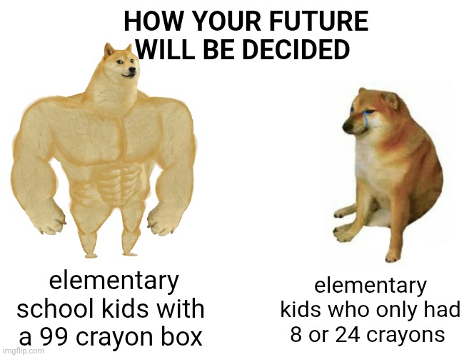 I miss elementary school | HOW YOUR FUTURE WILL BE DECIDED; elementary kids who only had 8 or 24 crayons; elementary school kids with a 99 crayon box | image tagged in memes,buff doge vs cheems,elementary,childhood,school,school memes | made w/ Imgflip meme maker