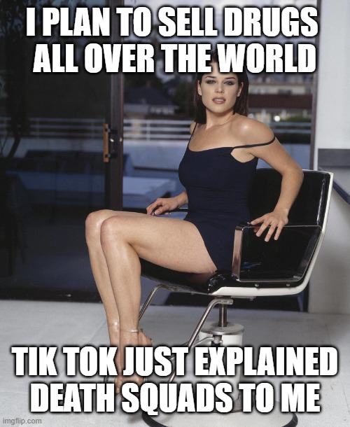 redo  - thxs for critique | I PLAN TO SELL DRUGS 
ALL OVER THE WORLD; TIK TOK JUST EXPLAINED
DEATH SQUADS TO ME | image tagged in neve campbell,meme,memedian//pay live dream memes,thxs20flws,i hope for coincidences so they wont happen,__________ | made w/ Imgflip meme maker