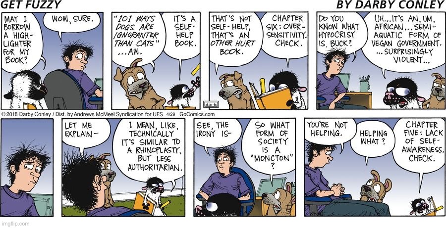 image tagged in comics,get fuzzy,cat and dog,self help book | made w/ Imgflip meme maker