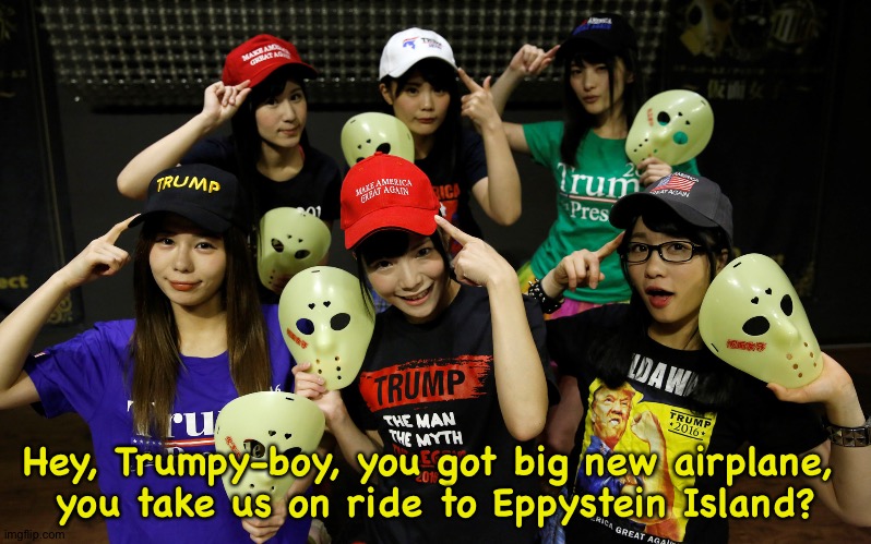 Trumpers everywhere | Hey, Trumpy-boy, you got big new airplane, 
you take us on ride to Eppystein Island? | image tagged in trump supporters | made w/ Imgflip meme maker