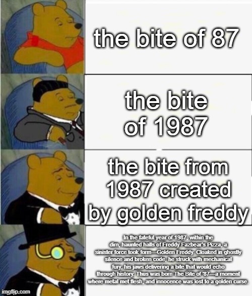 Tuxedo Winnie the Pooh 4 panel | the bite of 87; the bite of 1987; the bite from 1987 created by golden freddy; In the fateful year of 1987, within the dim, haunted halls of Freddy Fazbear’s Pizza, a sinister force took form—Golden Freddy. Cloaked in ghostly silence and broken code, he struck with mechanical fury, his jaws delivering a bite that would echo through history. Thus was born The Bite of '87—a moment where metal met flesh, and innocence was lost to a golden curse. | image tagged in tuxedo winnie the pooh 4 panel | made w/ Imgflip meme maker