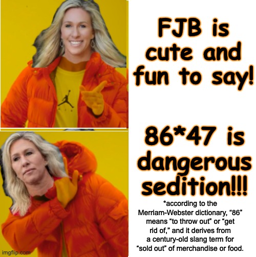 Qanon Hotline Bling | FJB is cute and fun to say! 86*47 is
dangerous sedition!!! *according to the Merriam-Webster dictionary, “86” means “to throw out” or “get r | image tagged in qanon hotline bling | made w/ Imgflip meme maker