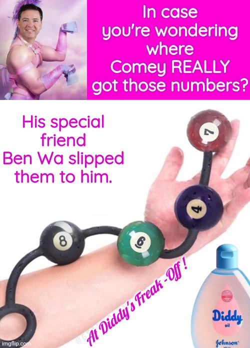 How Comey came up with those numbers | In case you're wondering where Comey REALLY got those numbers? His special friend Ben Wa slipped them to him. At Diddy's Freak -Off ! | image tagged in blank hot pink background,butt | made w/ Imgflip meme maker