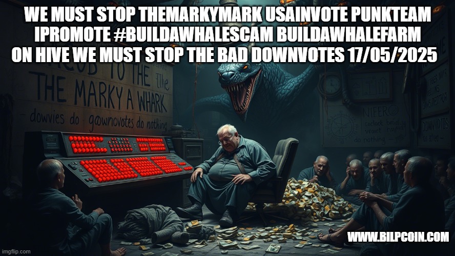 WE MUST STOP THEMARKYMARK USAINVOTE PUNKTEAM IPROMOTE #BUILDAWHALESCAM BUILDAWHALEFARM ON HIVE WE MUST STOP THE BAD DOWNVOTES 17/05/2025; WWW.BILPCOIN.COM | made w/ Imgflip meme maker