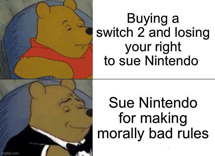 Tuxedo Winnie The Pooh Meme | Buying a switch 2 and losing your right to sue Nintendo; Sue Nintendo for making morally bad rules | image tagged in memes,tuxedo winnie the pooh | made w/ Imgflip meme maker