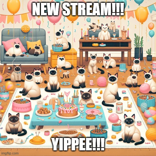 link in comments btw!!! | NEW STREAM!!! YIPPEE!!! | image tagged in celebration,streams | made w/ Imgflip meme maker