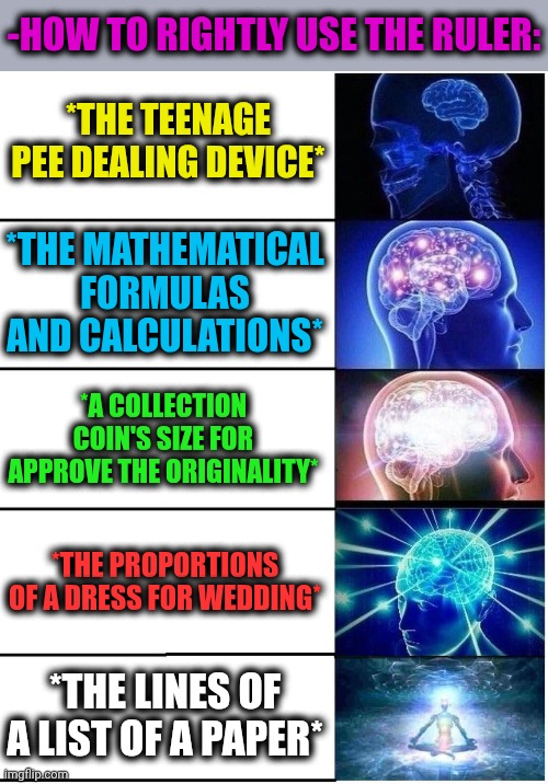 -It's veeery useful innovation in the area of human's life. | -HOW TO RIGHTLY USE THE RULER:; *THE TEENAGE PEE DEALING DEVICE*; *THE MATHEMATICAL FORMULAS AND CALCULATIONS*; *A COLLECTION COIN'S SIZE FOR APPROVE THE ORIGINALITY*; *THE PROPORTIONS OF A DRESS FOR WEDDING*; *THE LINES OF A LIST OF A PAPER* | image tagged in expanding brain 5 panel,ruler,i used the stones to destroy the stones,calculator,draw,royal wedding | made w/ Imgflip meme maker