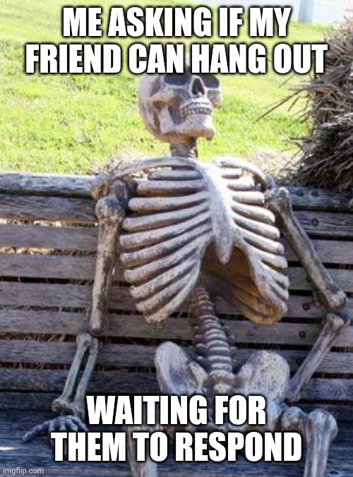 Waiting Skeleton | ME ASKING IF MY FRIEND CAN HANG OUT; WAITING FOR THEM TO RESPOND | image tagged in memes,waiting skeleton | made w/ Imgflip meme maker