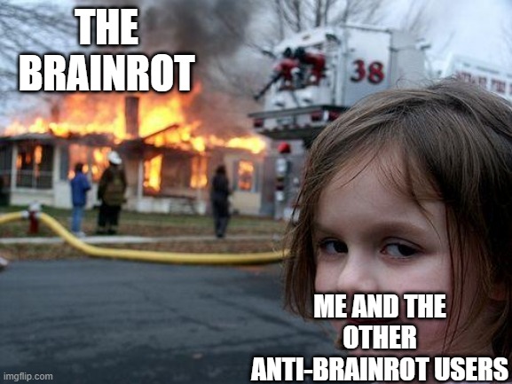 Expectation vs Reality 2025 | THE BRAINROT ME AND THE OTHER ANTI-BRAINROT USERS | image tagged in memes,disaster girl | made w/ Imgflip meme maker