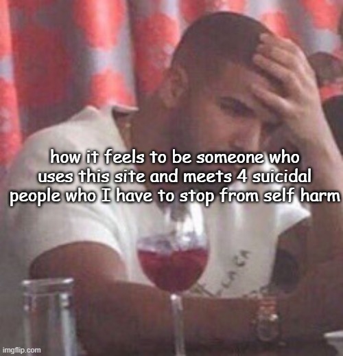 Drake upset | how it feels to be someone who uses this site and meets 4 suicidal people who I have to stop from self harm | image tagged in drake upset | made w/ Imgflip meme maker