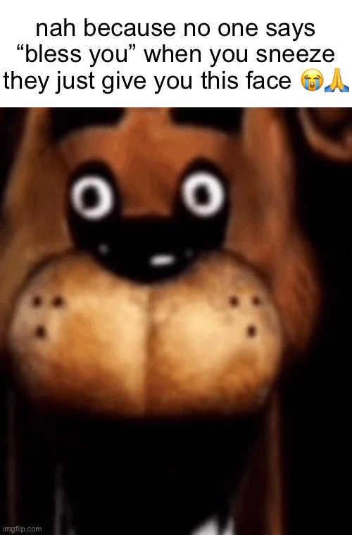 manners in the big 25 is crazy | nah because no one says “bless you” when you sneeze they just give you this face 😭🙏 | image tagged in five nights at freddy's,freddy fazbear | made w/ Imgflip meme maker