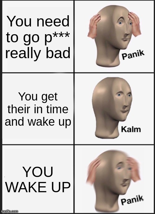 Panik Kalm Panik Meme | You need to go p*** really bad; You get their in time and wake up; YOU WAKE UP | image tagged in memes,panik kalm panik | made w/ Imgflip meme maker