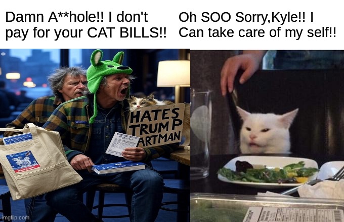 Kyle yelling at a cat | Damn A**hole!! I don't pay for your CAT BILLS!! Oh SOO Sorry,Kyle!! I Can take care of my self!! | image tagged in memes,woman yelling at cat | made w/ Imgflip meme maker