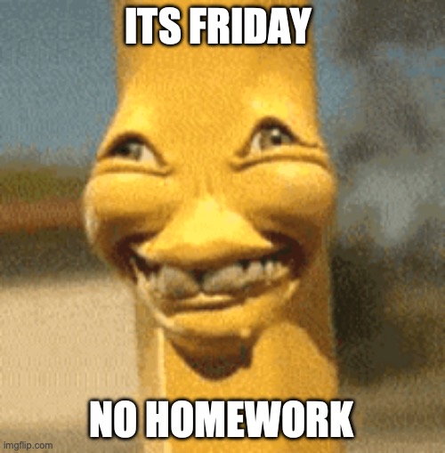 Friday be like: | ITS FRIDAY; NO HOMEWORK | image tagged in funny meme | made w/ Imgflip meme maker