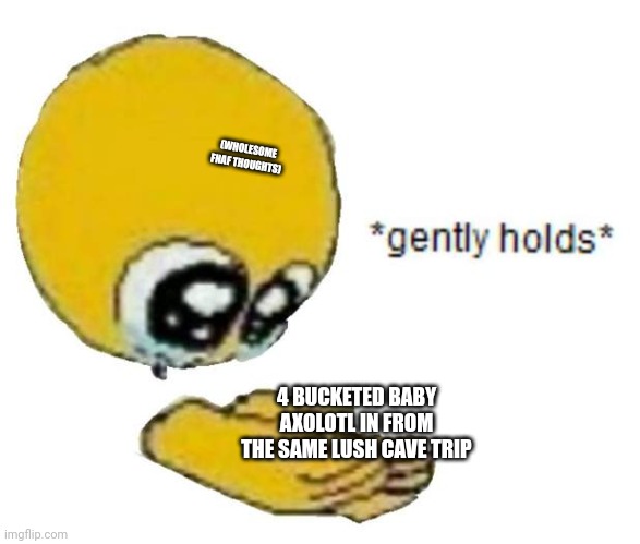 holds gently | (WHOLESOME FNAF THOUGHTS); 4 BUCKETED BABY AXOLOTL IN FROM THE SAME LUSH CAVE TRIP | image tagged in holds gently,minecraft,baby axolotl,fnaf | made w/ Imgflip meme maker