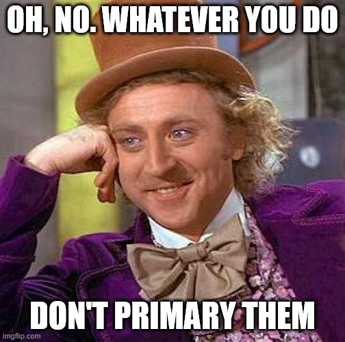 Creepy Condescending Wonka Meme | OH, NO. WHATEVER YOU DO DON'T PRIMARY THEM | image tagged in memes,creepy condescending wonka | made w/ Imgflip meme maker