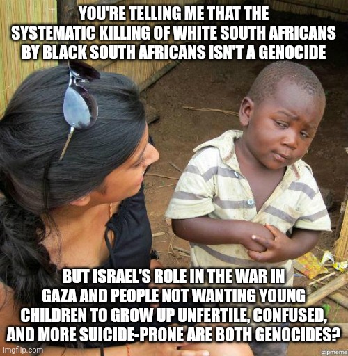 black kid | YOU'RE TELLING ME THAT THE SYSTEMATIC KILLING OF WHITE SOUTH AFRICANS BY BLACK SOUTH AFRICANS ISN'T A GENOCIDE; BUT ISRAEL'S ROLE IN THE WAR IN GAZA AND PEOPLE NOT WANTING YOUNG CHILDREN TO GROW UP UNFERTILE, CONFUSED, AND MORE SUICIDE-PRONE ARE BOTH GENOCIDES? | image tagged in black kid | made w/ Imgflip meme maker