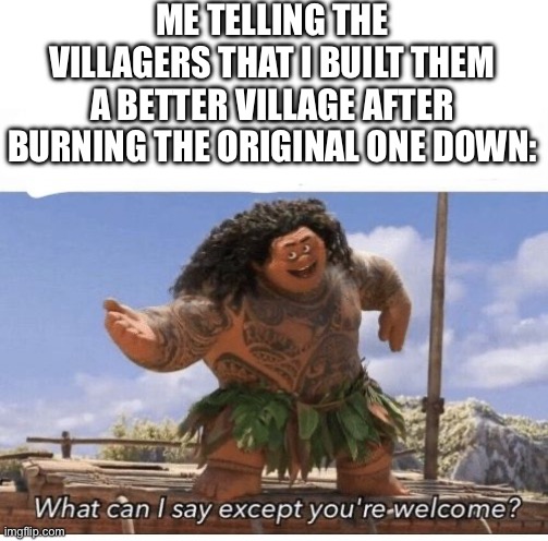 New and improved | ME TELLING THE VILLAGERS THAT I BUILT THEM A BETTER VILLAGE AFTER BURNING THE ORIGINAL ONE DOWN: | image tagged in what can i say except you're welcome | made w/ Imgflip meme maker