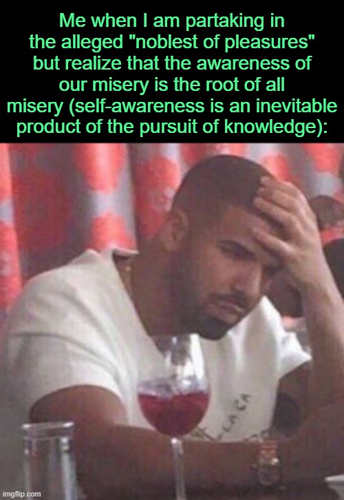 . | Me when I am partaking in the alleged "noblest of pleasures" but realize that the awareness of our misery is the root of all misery (self-awareness is an inevitable product of the pursuit of knowledge): | image tagged in drake upset | made w/ Imgflip meme maker