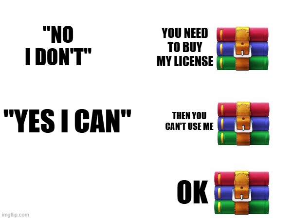 WinRAR | YOU NEED TO BUY MY LICENSE; "NO I DON'T"; "YES I CAN"; THEN YOU CAN'T USE ME; OK | image tagged in technology | made w/ Imgflip meme maker