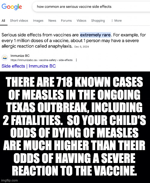 Measles is a highly contagious disease and can spread to other states without warning. | THERE ARE 718 KNOWN CASES
OF MEASLES IN THE ONGOING
TEXAS OUTBREAK, INCLUDING
2 FATALITIES.  SO YOUR CHILD'S
ODDS OF DYING OF MEASLES
ARE MUCH HIGHER THAN THEIR
ODDS OF HAVING A SEVERE
REACTION TO THE VACCINE. | image tagged in memes,kids,measles,adapt to survive | made w/ Imgflip meme maker