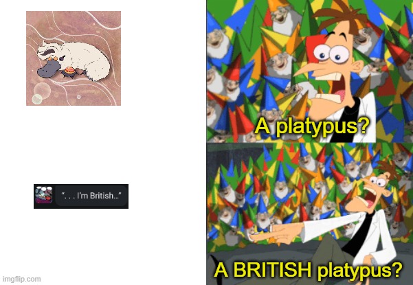Dr. Doofenshmirtz Perry the Platypus | A platypus? A BRITISH platypus? | image tagged in dr doofenshmirtz perry the platypus | made w/ Imgflip meme maker