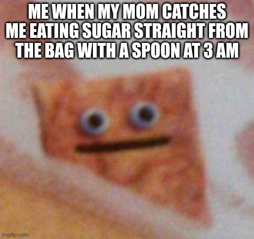 funni meme | ME WHEN MY MOM CATCHES ME EATING SUGAR STRAIGHT FROM THE BAG WITH A SPOON AT 3 AM | image tagged in cinnamon toast crunch | made w/ Imgflip meme maker