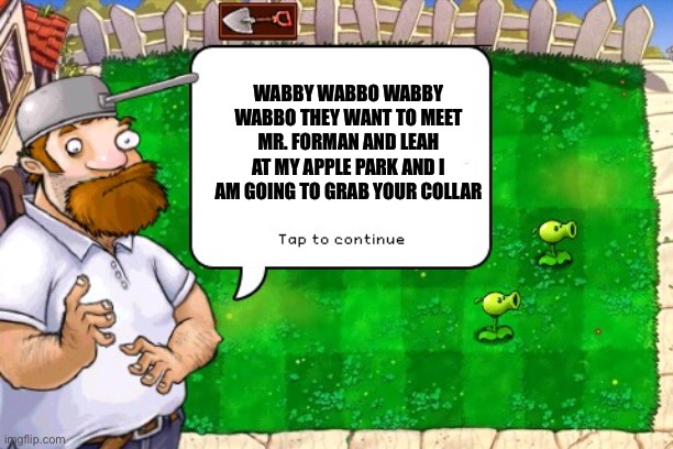 Crazy Dave | WABBY WABBO WABBY WABBO THEY WANT TO MEET MR. FORMAN AND LEAH AT MY APPLE PARK AND I AM GOING TO GRAB YOUR COLLAR | image tagged in morning crazy dave | made w/ Imgflip meme maker
