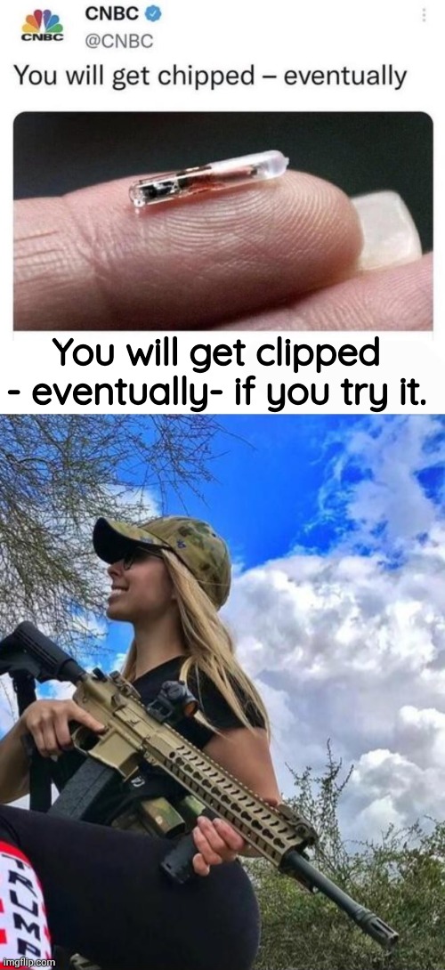 No chip or you get clipped | You will get clipped - eventually- if you try it. | image tagged in maddow wojak,computer science,beautiful girl,assault weapons | made w/ Imgflip meme maker