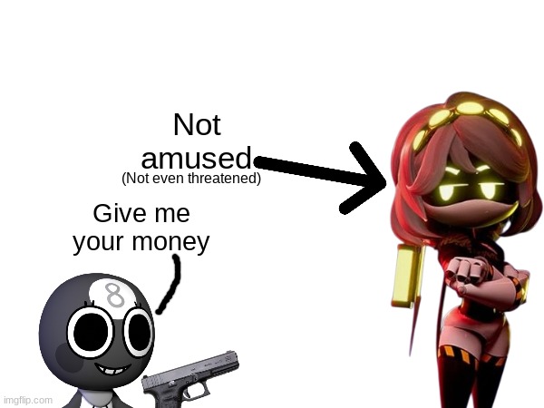 Toodles tries to rob V.mp3 | image tagged in toodles,dandy's world,murder drones | made w/ Imgflip meme maker