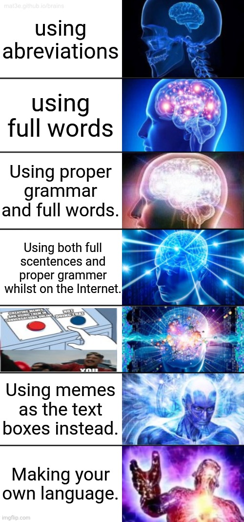 7-Tier Expanding Brain | using abreviations; using full words; Using proper grammar and full words. Using both full scentences and proper grammer whilst on the Internet. Using memes as the text boxes instead. Making your own language. | image tagged in 7-tier expanding brain | made w/ Imgflip meme maker