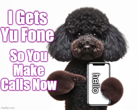I Gets Fone Poodle | I Gets Yu Fone; So You Make Calls Now; hello | image tagged in poodle phone,gets yu fone | made w/ Imgflip meme maker