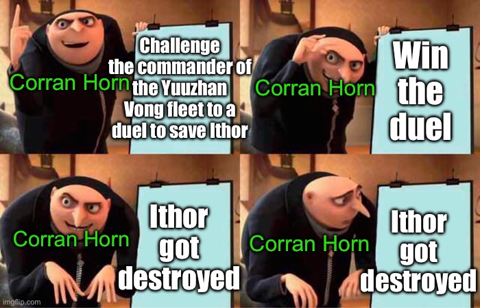 RIP Ithor (also RIP Elegos) | Win the duel; Challenge the commander of the Yuuzhan Vong fleet to a duel to save Ithor; Corran Horn; Corran Horn; Ithor got destroyed; Ithor got destroyed; Corran Horn; Corran Horn | image tagged in memes,gru's plan | made w/ Imgflip meme maker