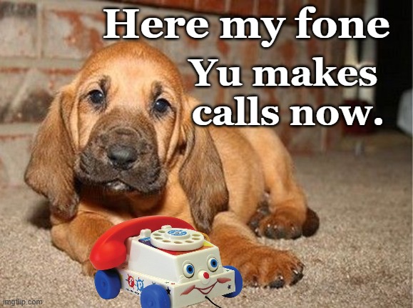 Pup w Fisher Price Fone | Here my fone; Yu makes 
calls now. | image tagged in pup say here my fone,yu makes calls now,pup and fisherprice | made w/ Imgflip meme maker