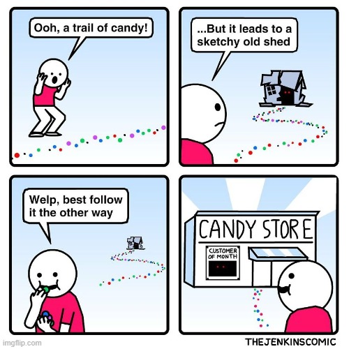 image tagged in trail,candy,shed,store,monster,uh oh | made w/ Imgflip meme maker