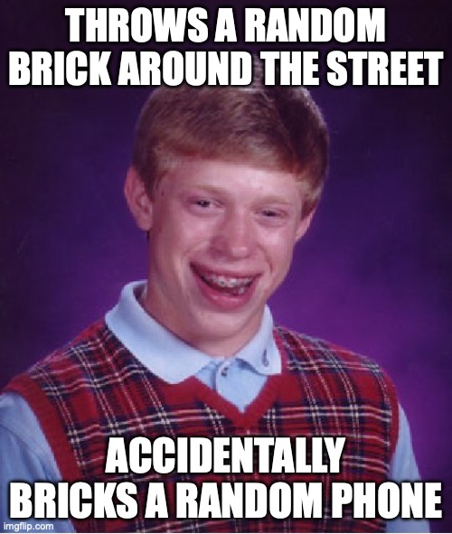 This is why you should never throw bricks in neighbourhoods | THROWS A RANDOM BRICK AROUND THE STREET; ACCIDENTALLY BRICKS A RANDOM PHONE | image tagged in memes,bad luck brian,funny,brick,relatable,literally | made w/ Imgflip meme maker