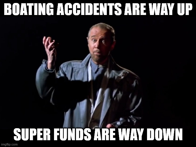 George Carlin (Rufus) Bill & Ted | BOATING ACCIDENTS ARE WAY UP; SUPER FUNDS ARE WAY DOWN | image tagged in george carlin rufus bill ted | made w/ Imgflip meme maker