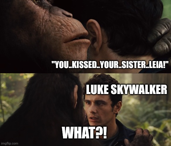 Planet of the Apes Secret | "YOU..KISSED..YOUR..SISTER..LEIA!"; LUKE SKYWALKER; WHAT?! | image tagged in planet of the apes secret,star wars,luke skywalker,princess leia,leia,kiss | made w/ Imgflip meme maker