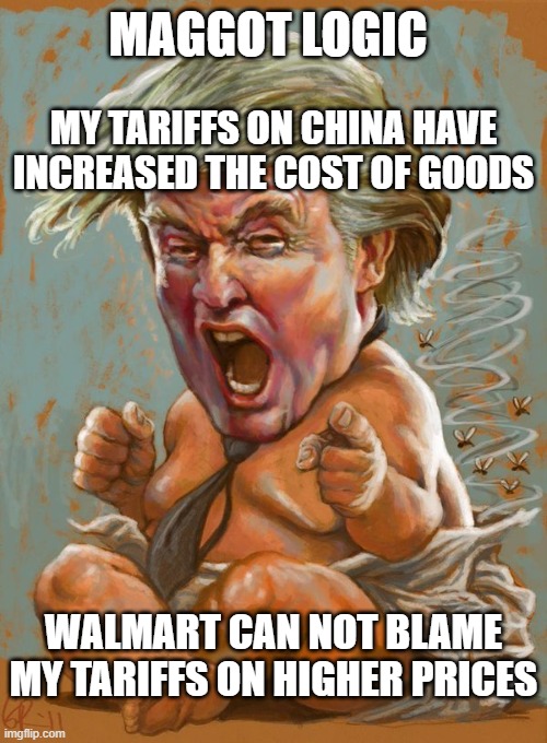 dementia donnie- maggot logic, president BLINKY | MAGGOT LOGIC; MY TARIFFS ON CHINA HAVE INCREASED THE COST OF GOODS; WALMART CAN NOT BLAME MY TARIFFS ON HIGHER PRICES | image tagged in trump baby infant full diaper | made w/ Imgflip meme maker