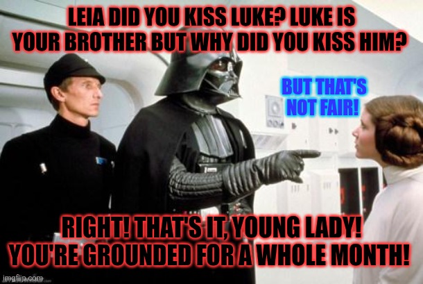 What if Leia is grounded for kissing her own brother Luke? | LEIA DID YOU KISS LUKE? LUKE IS YOUR BROTHER BUT WHY DID YOU KISS HIM? BUT THAT'S NOT FAIR! RIGHT! THAT'S IT, YOUNG LADY! YOU'RE GROUNDED FOR A WHOLE MONTH! | image tagged in darth vader leia,grounded,kissing,luke skywalker | made w/ Imgflip meme maker