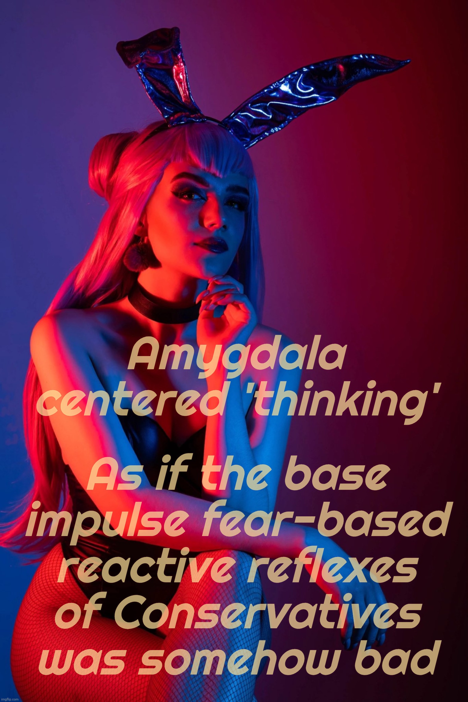 Cosplay | Amygdala centered 'thinking'; As if the base impulse fear-based reactive reflexes
of Conservatives was somehow bad | image tagged in cosplay | made w/ Imgflip meme maker