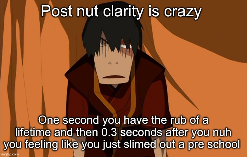 Shi is crazy Fr | Post nut clarity is crazy; One second you have the rub of a lifetime and then 0.3 seconds after you nuh you feeling like you just slimed out a pre school | image tagged in zuko flustered,stuff,nuts | made w/ Imgflip meme maker