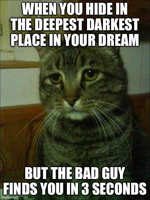 Depressed Cat | WHEN YOU HIDE IN THE DEEPEST DARKEST PLACE IN YOUR DREAM; BUT THE BAD GUY FINDS YOU IN 3 SECONDS | image tagged in memes,depressed cat | made w/ Imgflip meme maker