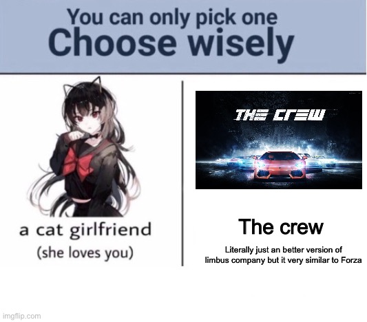 Choose wisely | The crew; Literally just an better version of limbus company but it very similar to Forza | image tagged in choose wisely | made w/ Imgflip meme maker